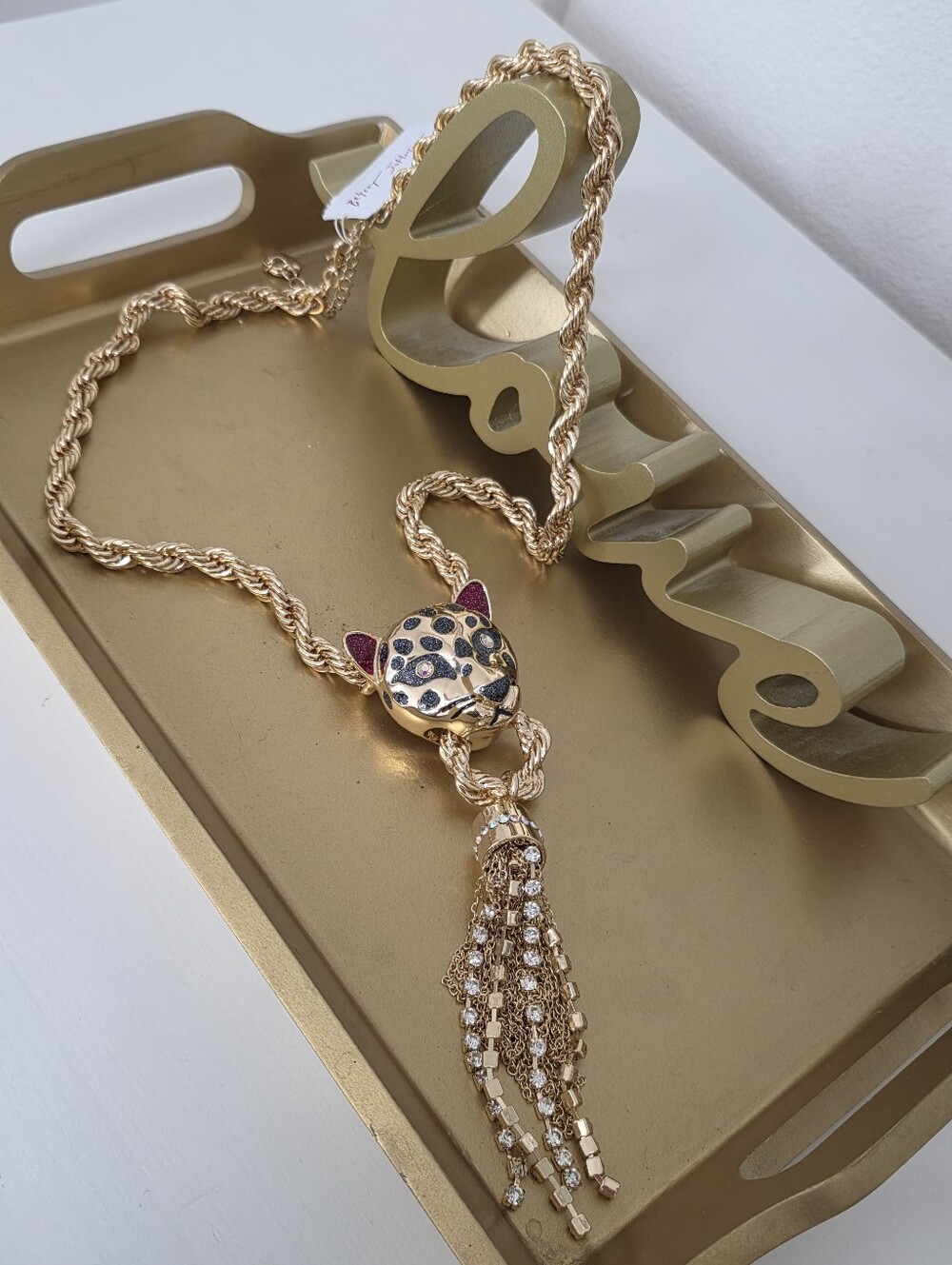 Betsey Johnson Gold-Tone Leopard Head Tassel Necklace with Pink Ear Accents
